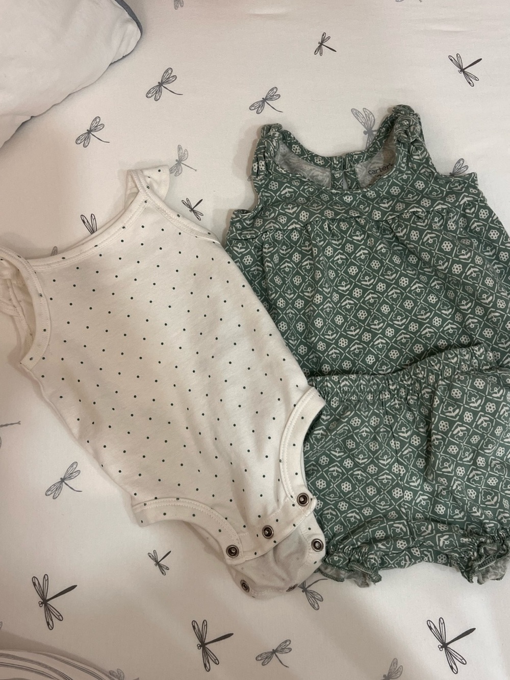 Carter's White Polka Dot Onesie & Green Patterned Dress Set